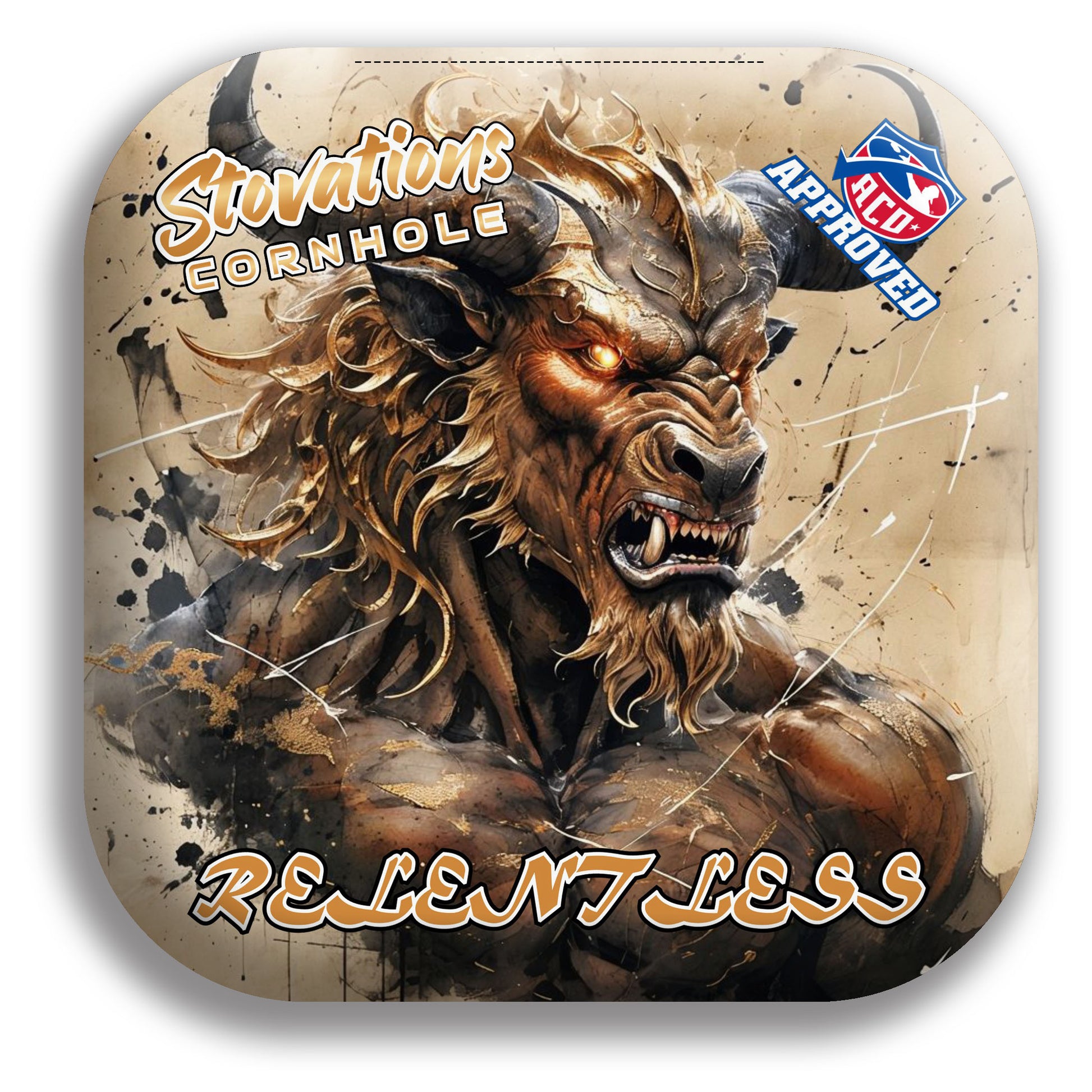 Relentless Cornhole bag with golden Minotaur warrior, displayed in ink and canvas theme. Stovations Cornhole and ACO logos in the corners. 